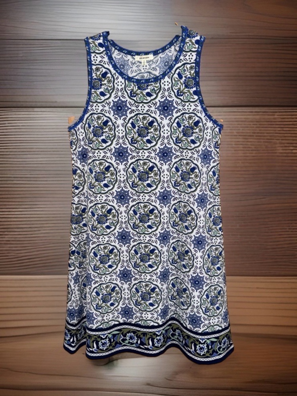 Max Studio Blue & White Floral/Geometric Printed Sleeveless Midi Dress-M-EC